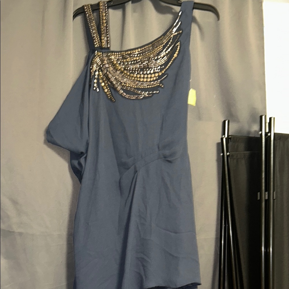 Embellished Blue and Gold One Shoulder Cocktail Dress